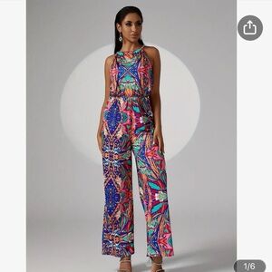 Allover Print Wide Leg Women Jumpsuit Sz XL Casual Sleeveless Jumpsuit